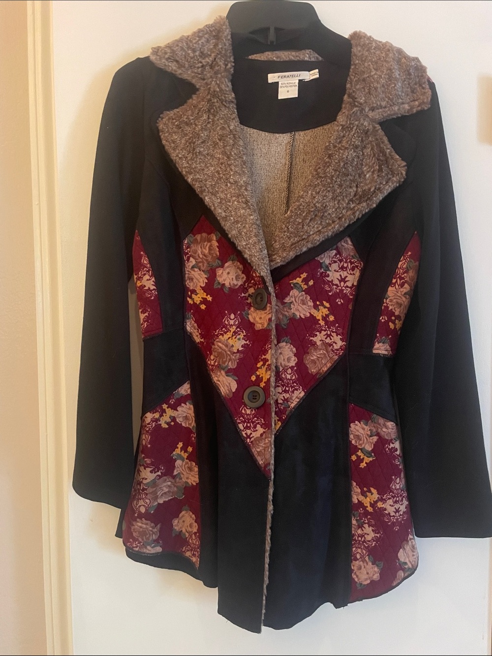 Feraud Mixed-Media Floral Panel Trench Coat - Black & Burgundy